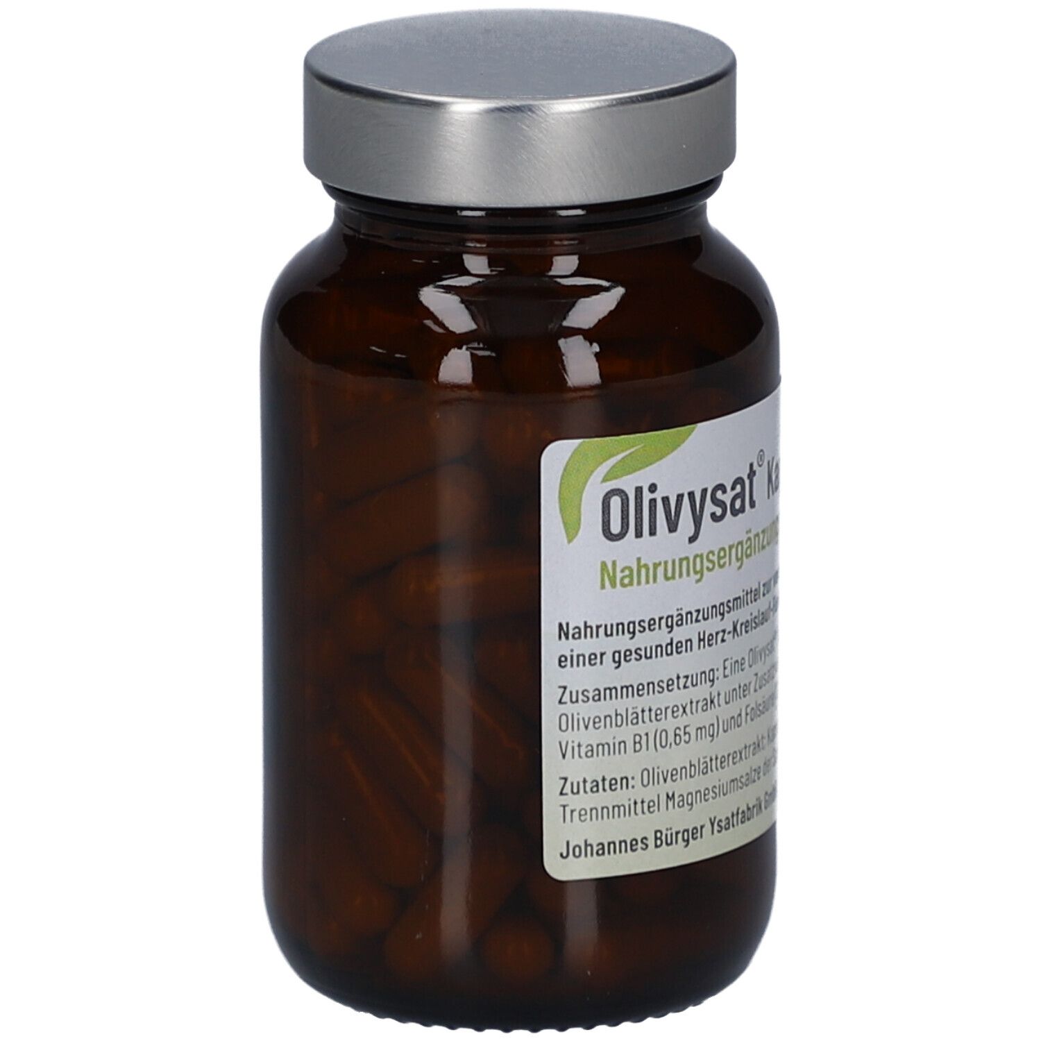 Braune Glasflasche mit silbernem Deckel. Enthält Kapseln. Etikett mit Produktinformationen und Logo.