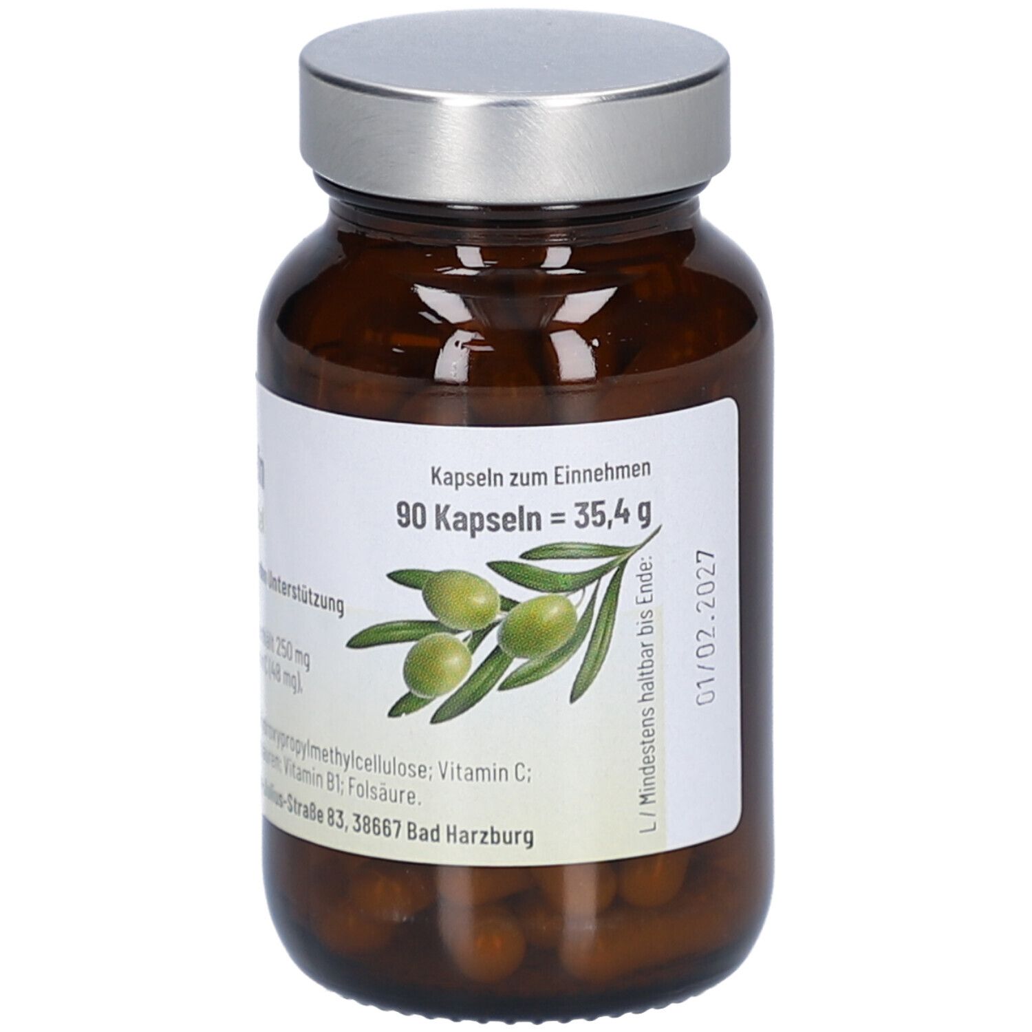 Braune Glasflasche mit silbernem Deckel. Etikett mit Produktinformationen, Olivenzweig-Illustration und 90 Kapseln.
