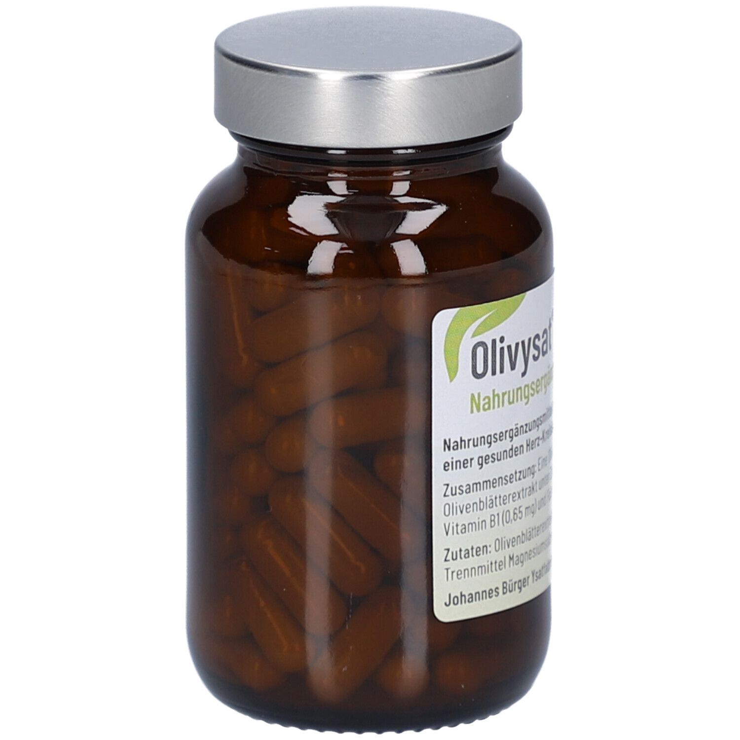 Braune Glasflasche mit silbernem Deckel. Etikett mit Produktname, Informationen und Logo.