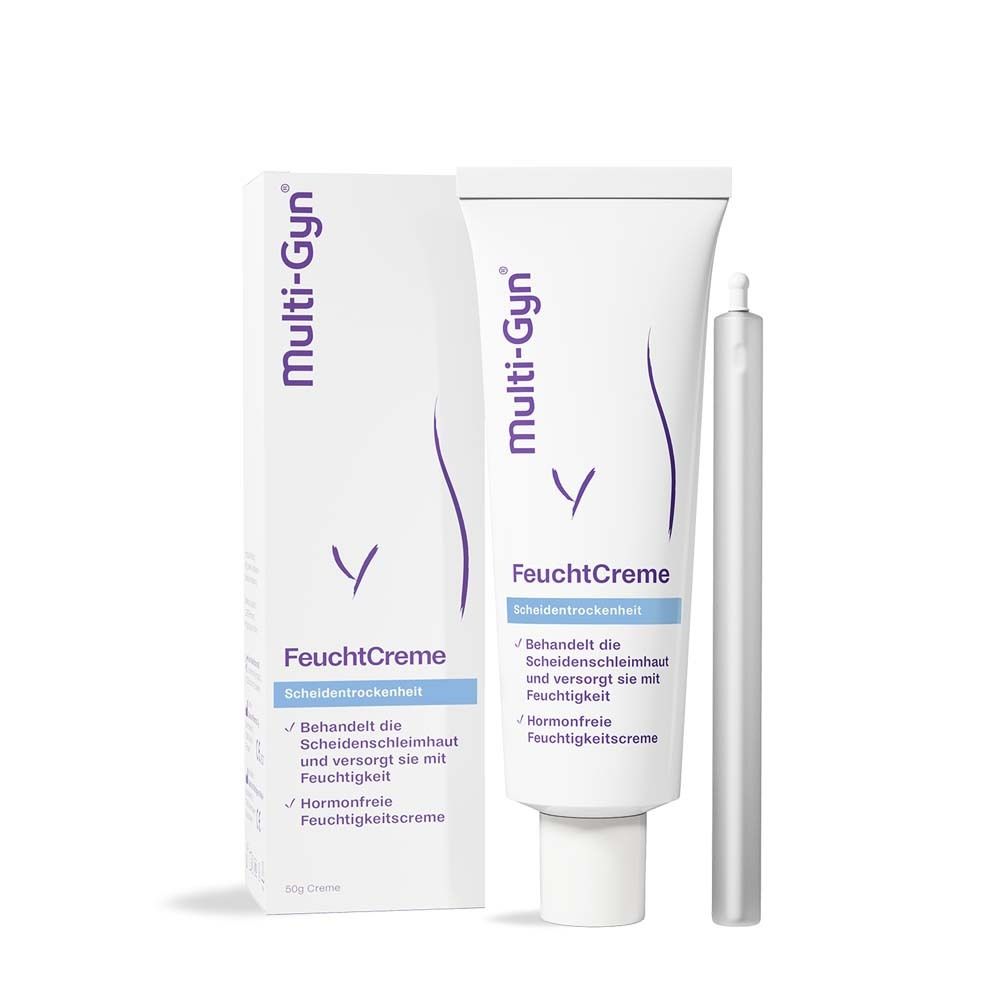 Multi-Gyn FeuchtCreme, Tube und Verpackung. Enthält Applikator. Behandelt Scheidentrockenheit, hormonfrei.