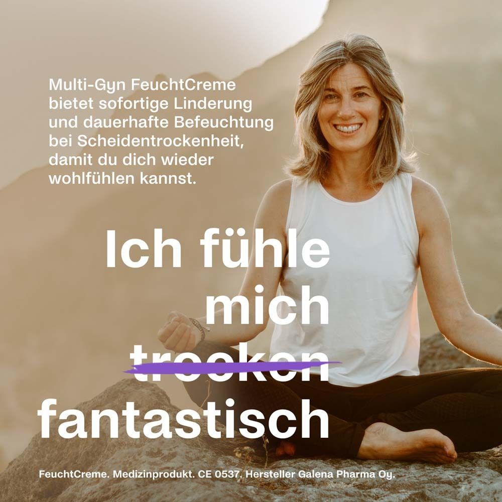 Multi-Gyn FeuchtCreme. Lindert Scheidentrockenheit. Frau lächelt. Text: Ich fühle mich fantastisch.