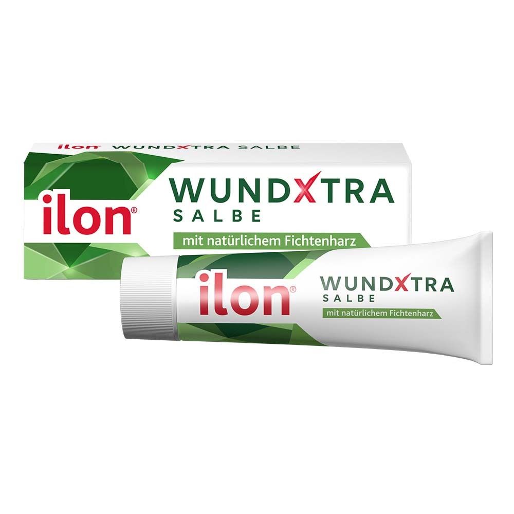 Tube und Schachtel ilon® WUNDXTRA Salbe. Weißes Tube mit rotem Logo und grüner Schrift. Schachtel mit gleichem Design.