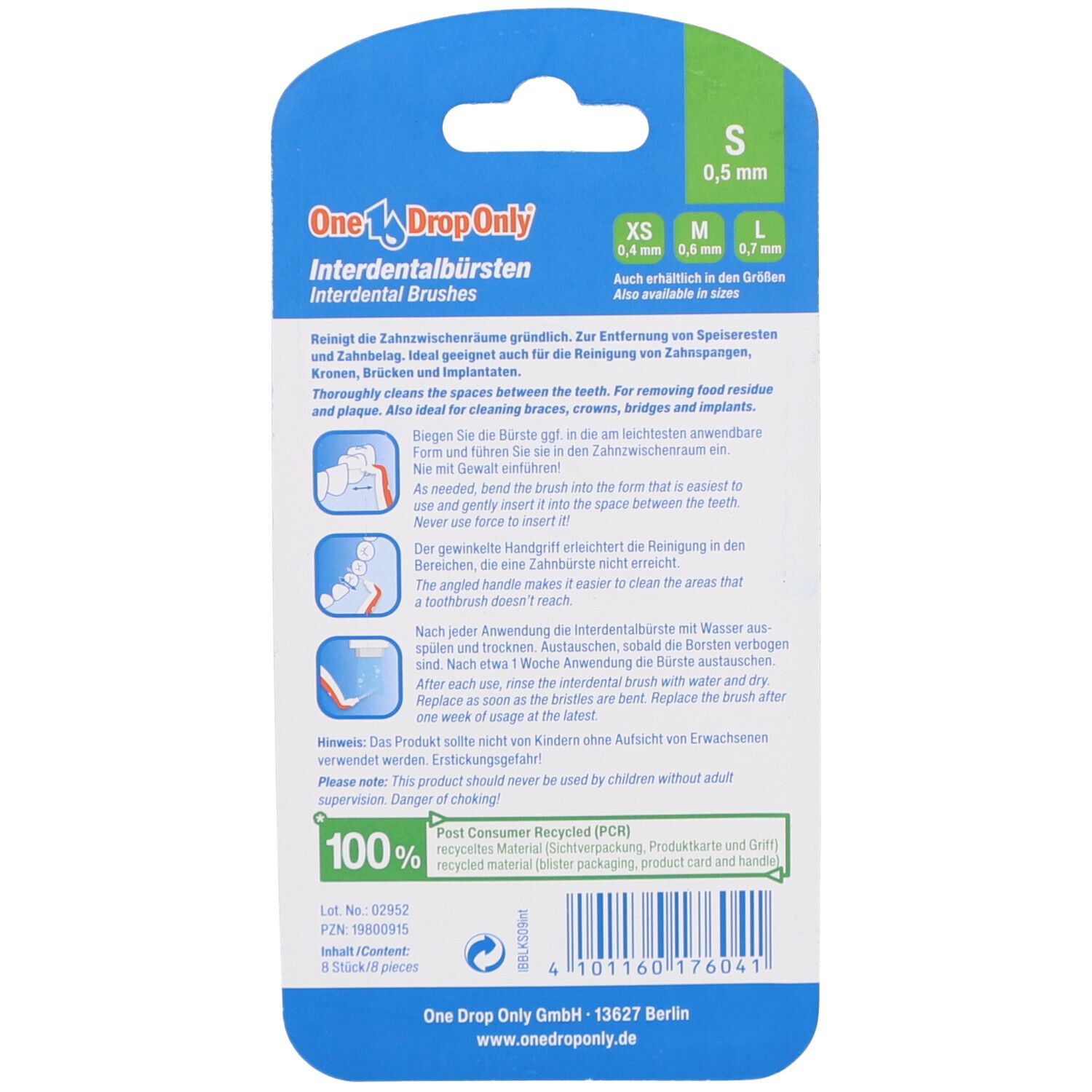 Rückseite der Verpackung mit Produktinformationen. Marke: One Drop Only. Größenübersicht. Text in Deutsch. Recycling-Logo: 100% recycelt.