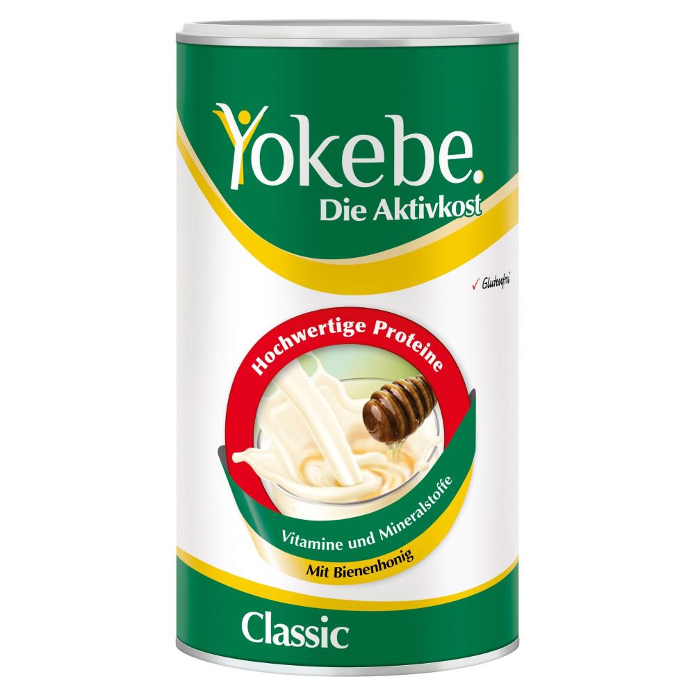 Grüne Dose mit weißem Deckel. Aufschrift: Yokebe. Die Aktivkost. Mit Honig. Roter Kreis mit Abbildung.