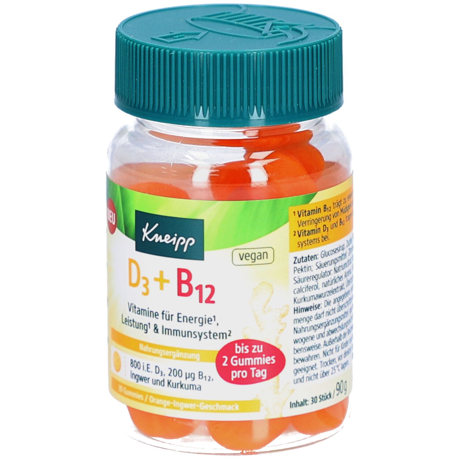 Klare Dose mit orangefarbenen Gummies. Grüner Deckel. Aufschrift: Kneipp D3+B12. Vegan. 30 Gummies. Orange-Ingwer-Geschmack.