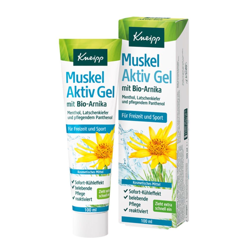 Tube und Schachtel mit Produktaufschrift „Muskel Aktiv Gel mit Bio-Arnika“. Gel-Tube mit gelber Blume und grünen Akzenten. Schachtel mit gelber Blume.