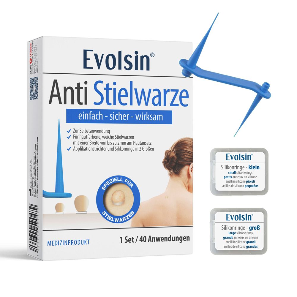 Verpackung von Evolsin Anti Stielwarze. Enthält Applikator und Silikonringe. Medizinprodukt.
