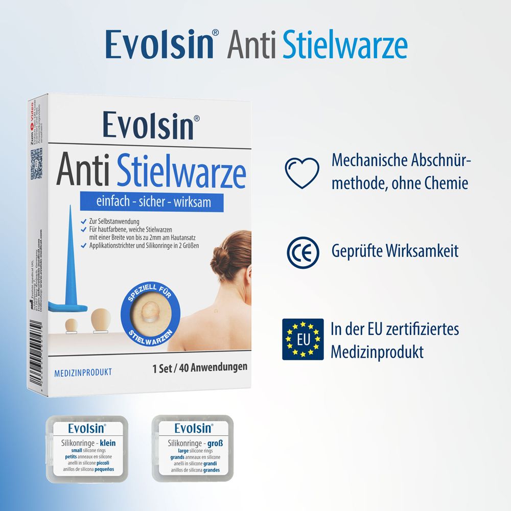 Verpackung von Evolsin Anti Stielwarze. Medizinprodukt mit CE-Kennzeichnung und EU-Zertifizierung.