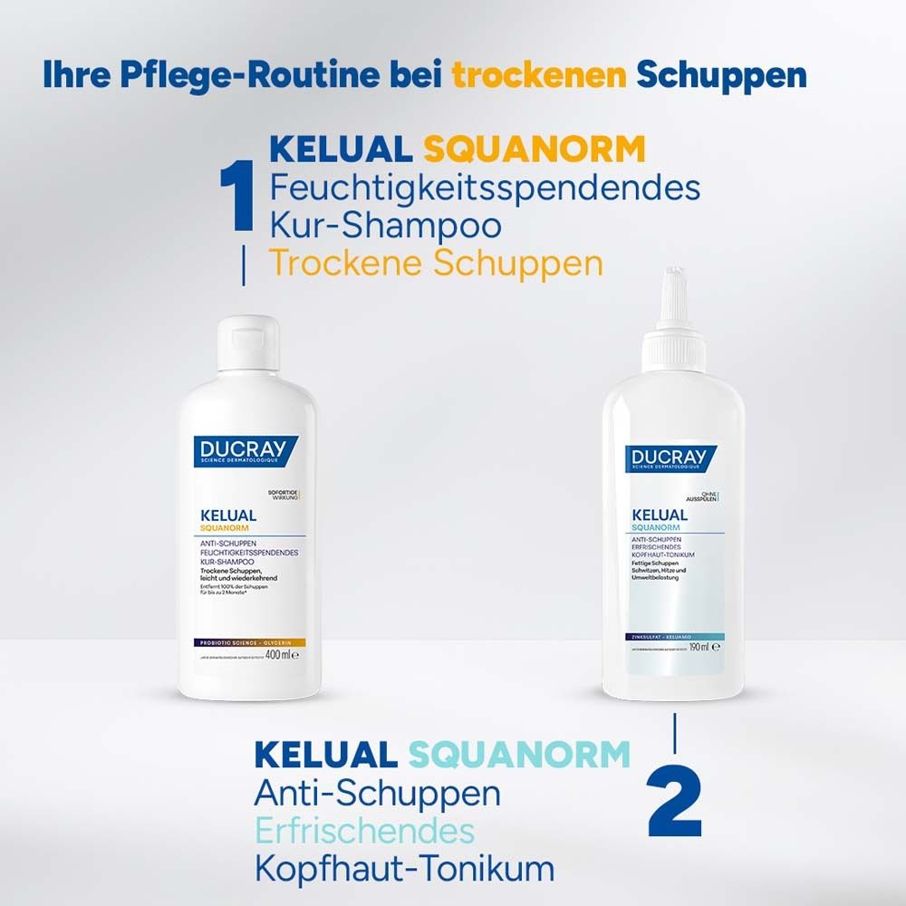 DUCRAY KELUAL Shampoo und Kopfhaut-Tonikum. Text: Ihre Pflege-Routine bei trockenen Schuppen. 1. Shampoo. 2. Kopfhaut-Tonikum.