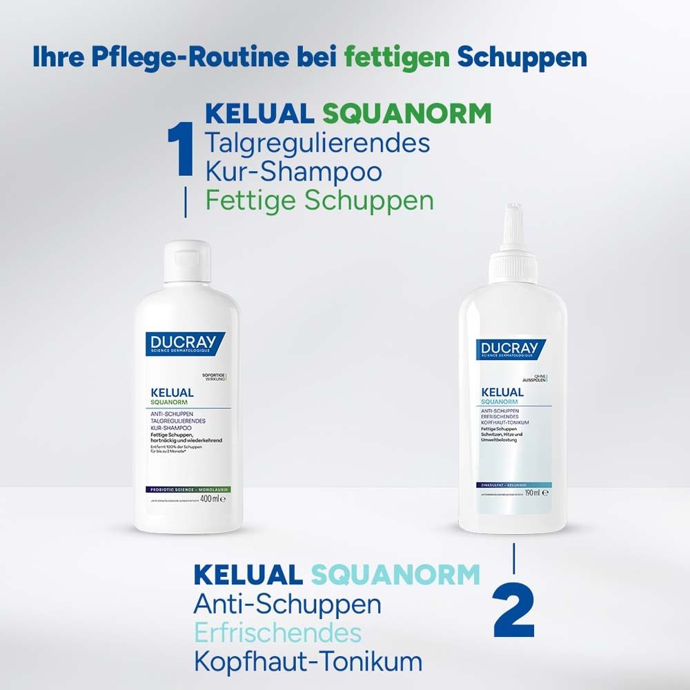 Zwei Shampoo-Flaschen. DUCRAY KELUAL SQUANORM. Text: Ihre Pflege-Routine bei fettigen Schuppen.