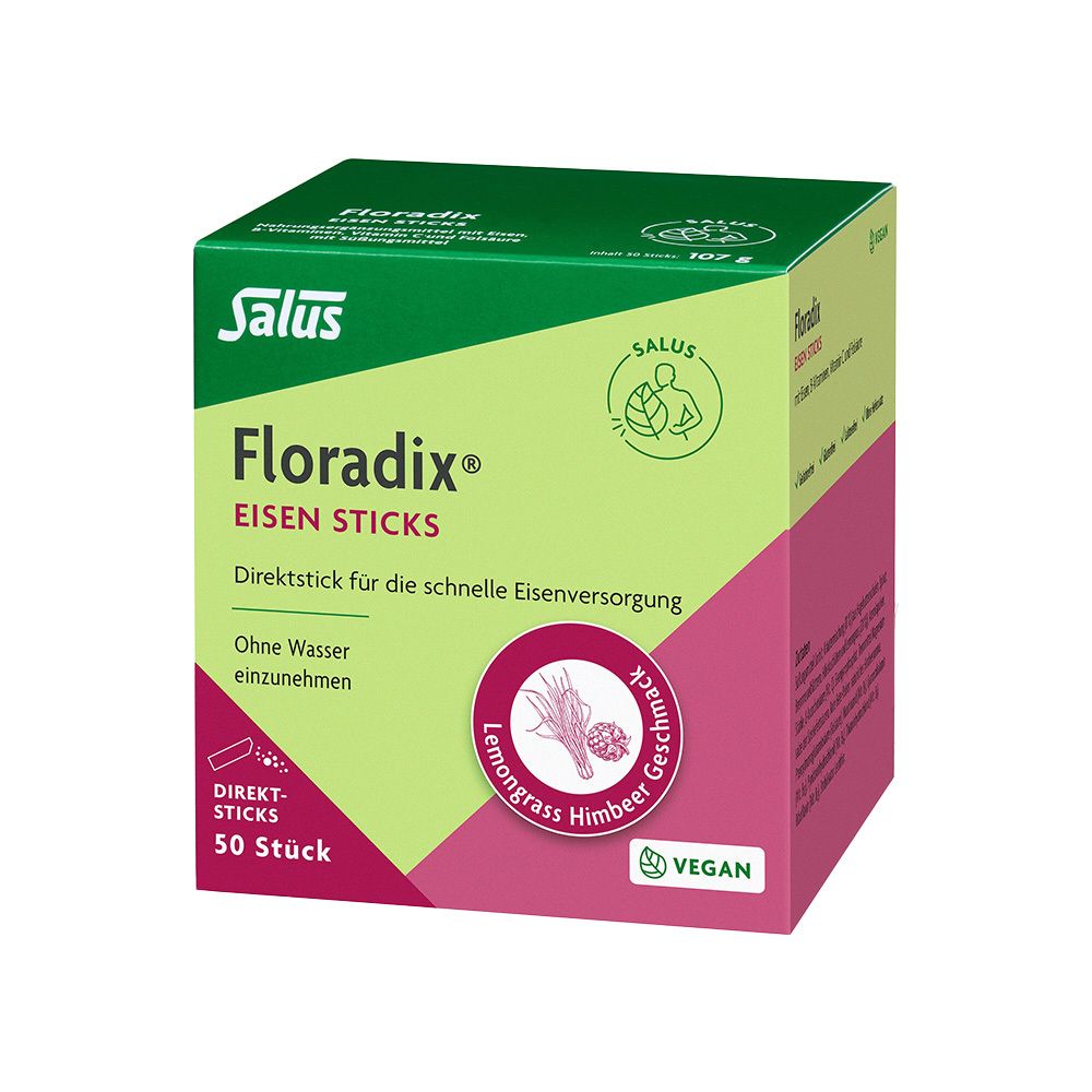 Verpackung von Floradix Eisen Sticks. Grün-rosa Schachtel mit Produktnamen und Logo. Vegan-Siegel.
