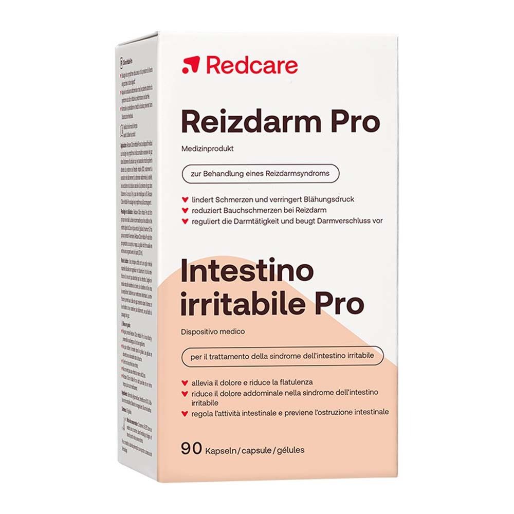 Weißer Karton mit rotem Deckel. Aufschrift: Redcare Reizdarm Pro, Intestino irritabile Pro. 90 Kapseln.