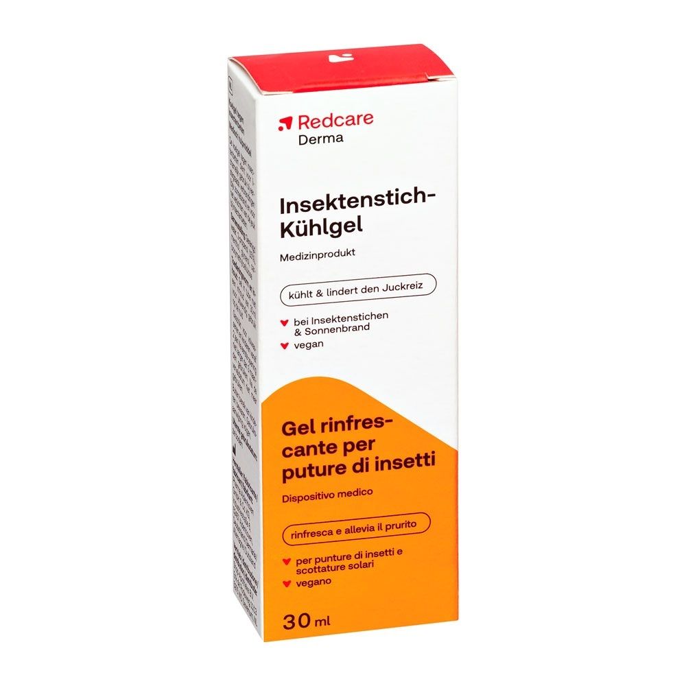 Faltschachtel Redcare Derma Insektenstich-Kühlgel, Vorderseite mit Produktnamen und orangefarbenem Design.