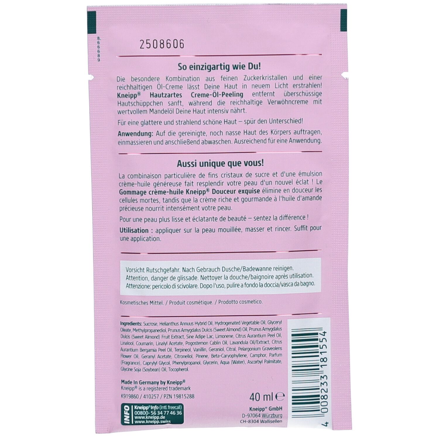 Rückseite des rosa Beutels. Text und Informationen zum Produkt. Kneipp-Logo und 40 ml Angabe unten rechts.