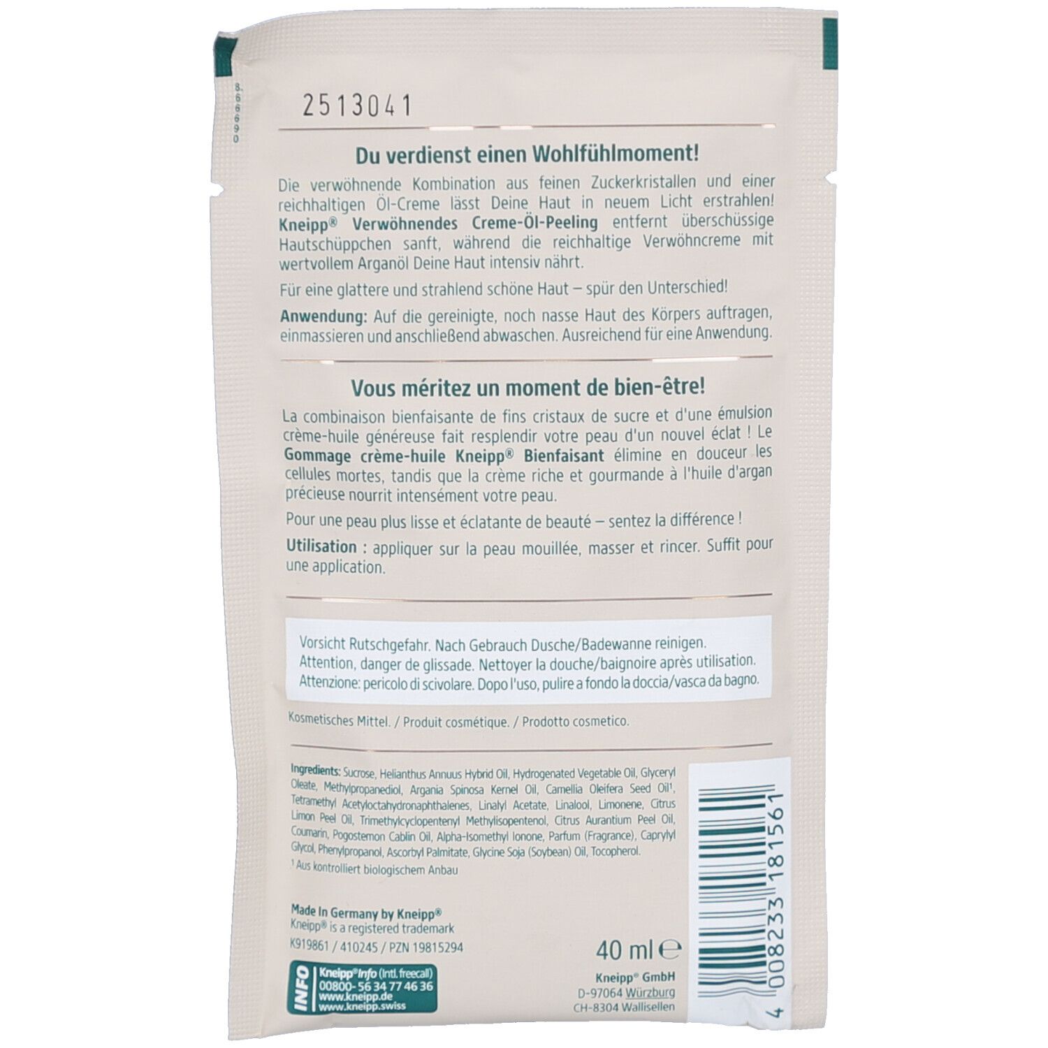 Rückseite des Creme-Öl-Peeling Beutels. Textabschnitte, Inhaltsstoffe, Herstellerinformationen und Volumenangabe.