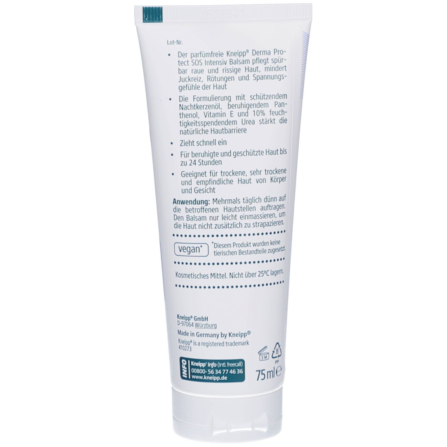 Rückseite einer weißen Tube. Text: „Der parfümfreie Kneipp Derma Protect SOS Intensiv Balsam pflegt spürbar raue und rissige Haut...“ Vegan-Siegel.
