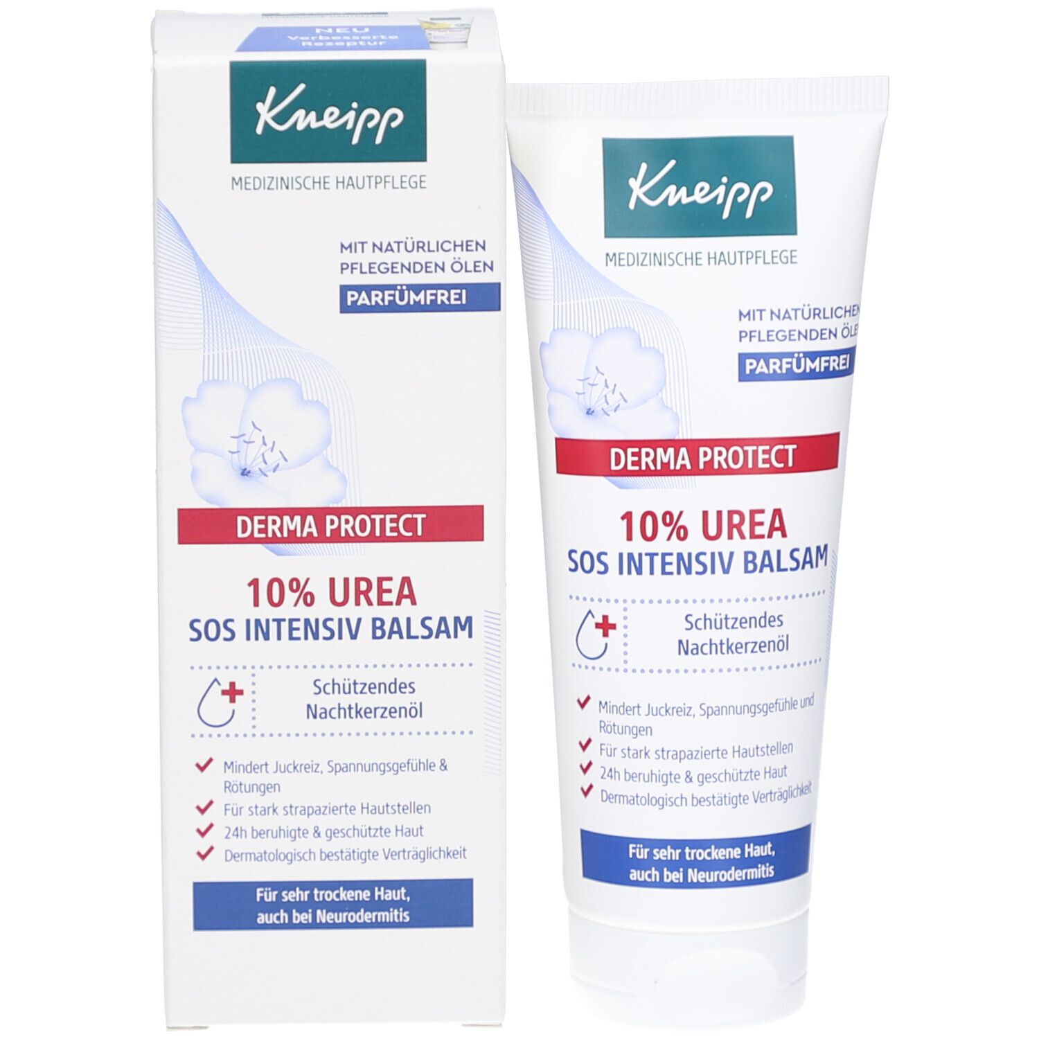 Produktverpackung: Tube und Karton. Beide weiß mit blauer und roter Beschriftung. Aufschrift: „10% Urea SOS Intensiv Balsam“. Karton links.