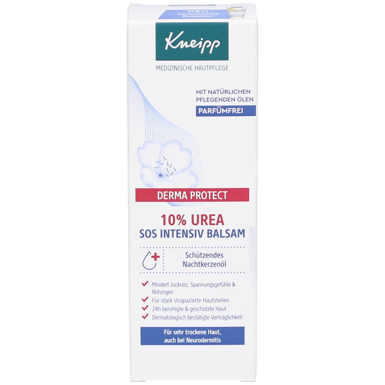 Kartonverpackung, weiß mit blauer und roter Beschriftung. Aufschrift: „10% Urea SOS Intensiv Balsam“. Text: „Für sehr trockene Haut, auch bei Neurodermitis“.