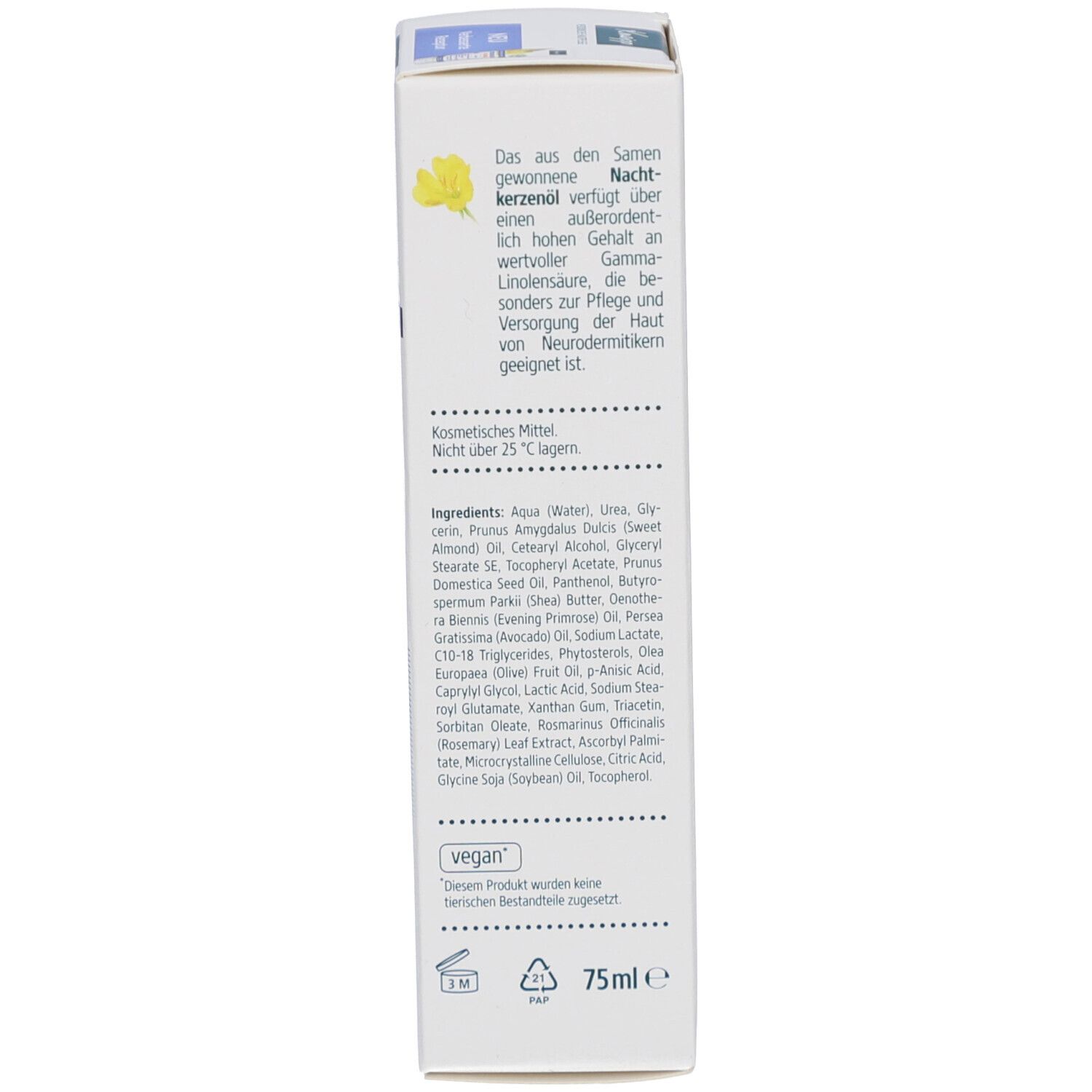 Rückseite der Kartonverpackung. Text: „Das aus dem gewonnene Nachtkerzenöl verfügt über einen außerordentlich hohen Gehalt an wertvoller Gamma-Linolensäure...“