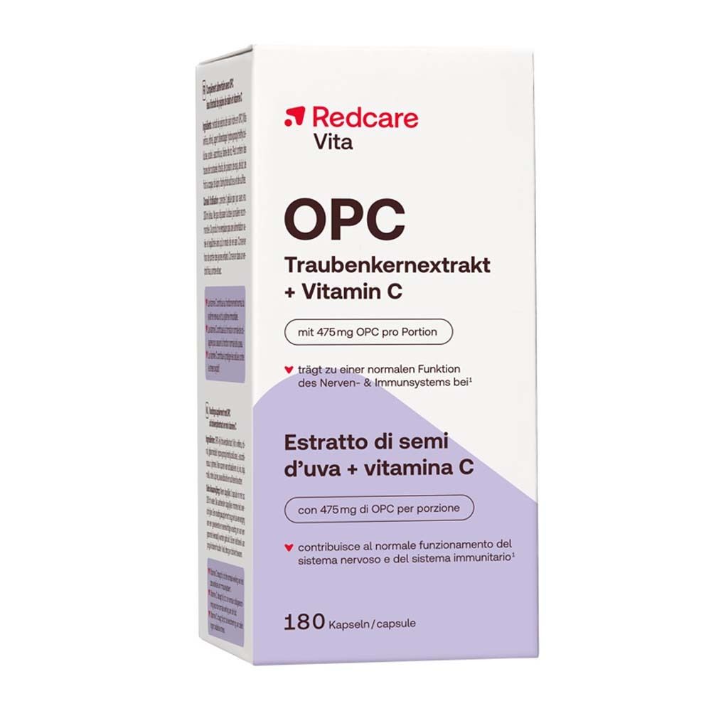 Verpackung mit Kapseln. Aufschrift: Redcare Vita OPC Traubenkernextrakt + Vitamin C. 180 Kapseln.