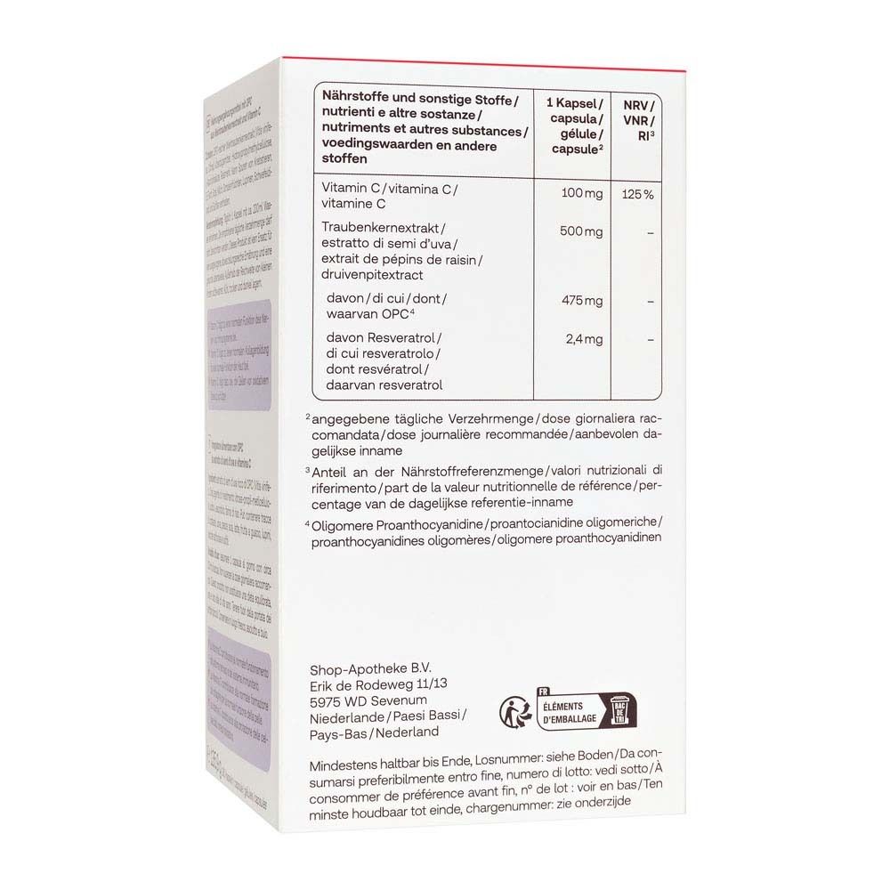 Rückseite der Schachtel mit Nährwertangaben zu Redcare Vita OPC + Vitamin C.