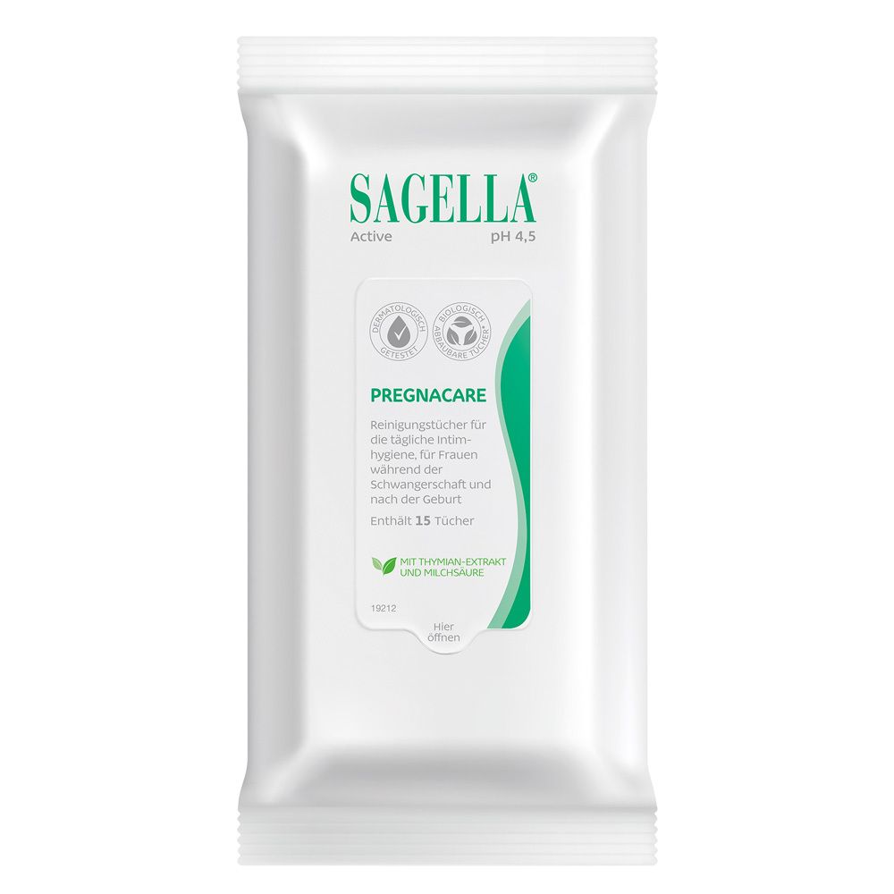 Weißes Sachet mit SAGELLA® Active Pregnacare Reinigungstücher. Enthält 15 Tücher. pH 4,5. Mit Thymian-Extrakt und Milchsäure.