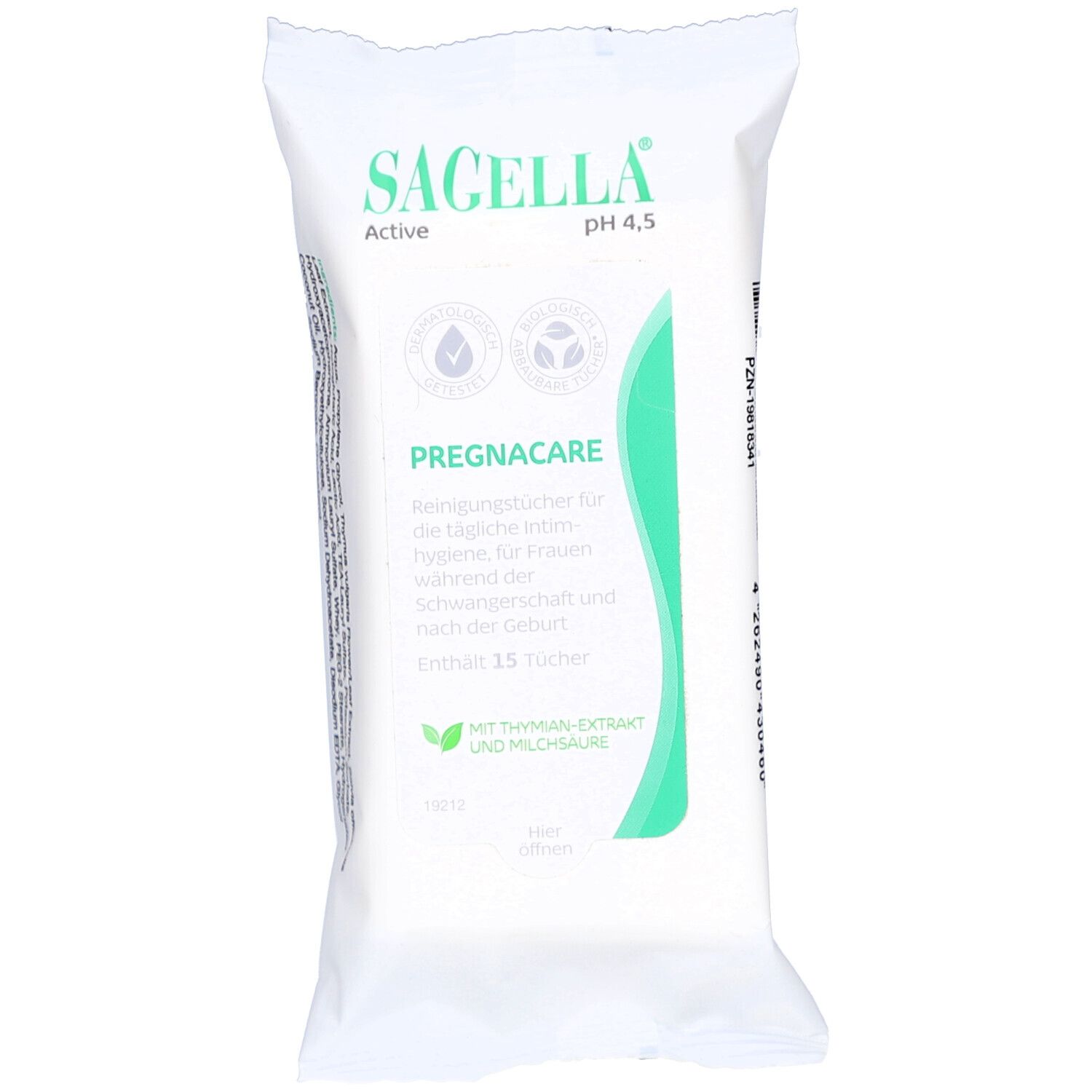 Weiße Packung SAGELLA® Active Pregnacare Reinigungstücher. Aufdruck mit Logo, Produktname, pH-Wert, und Text. Enthält 15 Tücher.