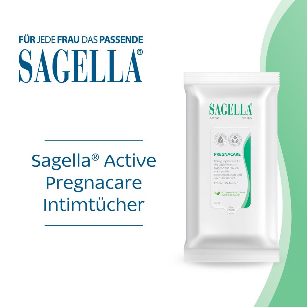 Werbung für SAGELLA® Active Pregnacare Intimtücher. Weißes Sachet. Logo SAGELLA® und Text. Hintergrund in Grün.