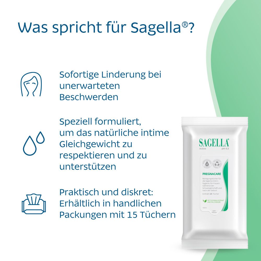 Text mit Vorteilen von SAGELLA®. Weißes Sachet mit SAGELLA® Active Pregnacare Reinigungstücher. 15 Tücher. Hintergrund grün.