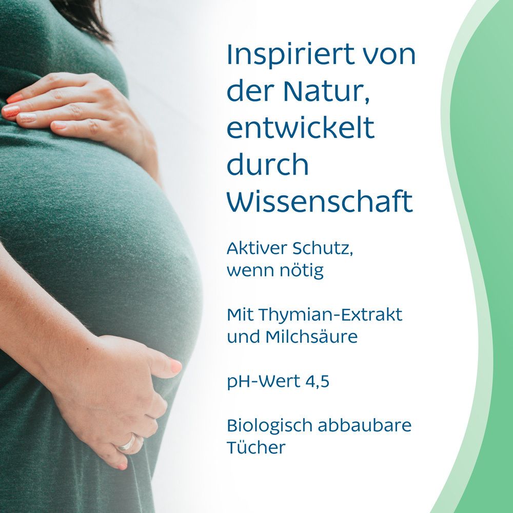 Schwangere Frau. Text über SAGELLA® Active. Mit Thymian-Extrakt und Milchsäure. pH-Wert 4,5. Biologisch abbaubare Tücher.