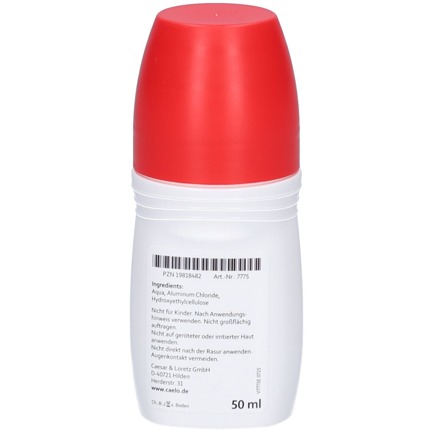 Weißer Roll-on Deodorant Behälter mit rotem Deckel. Enthält 50 ml. Zutatenliste und Herstellerangaben sichtbar.