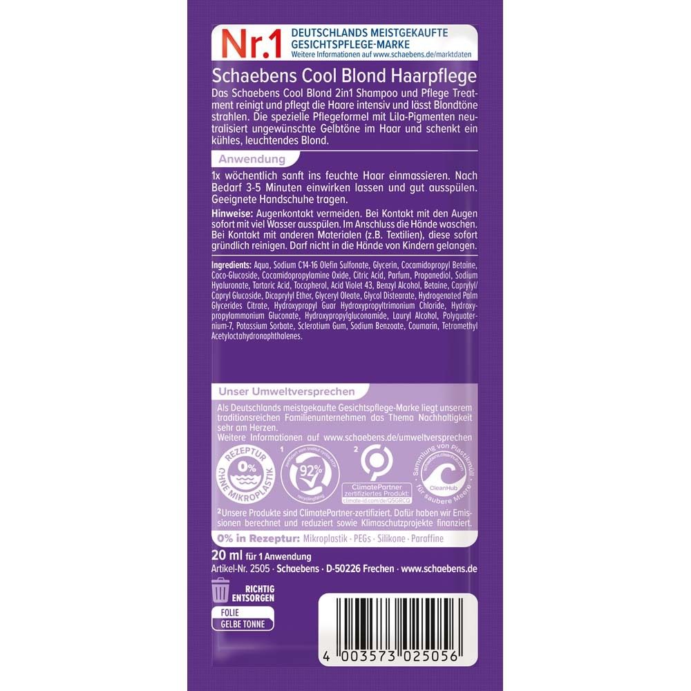Verpackung von Schaebens Cool Blond Haarpflege. Lila Beutel mit Produktinformationen und Barcode. Enthält Text und Logos.