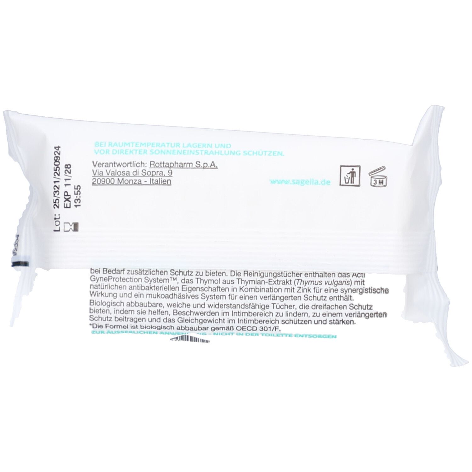 Rückseite der SAGELLA®-Verpackung. Enthält Informationen zu Inhaltsstoffen und Hersteller. Haltbarkeitsdatum und Chargennummer.