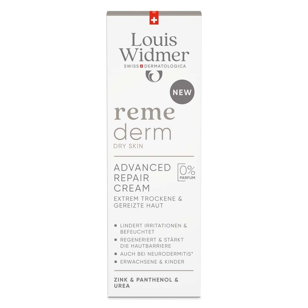 Weiße Faltschachtel mit Produktinformationen. Logo Louis Widmer, Produktname remederm, Advanced Repair Cream. 0% Parfum.