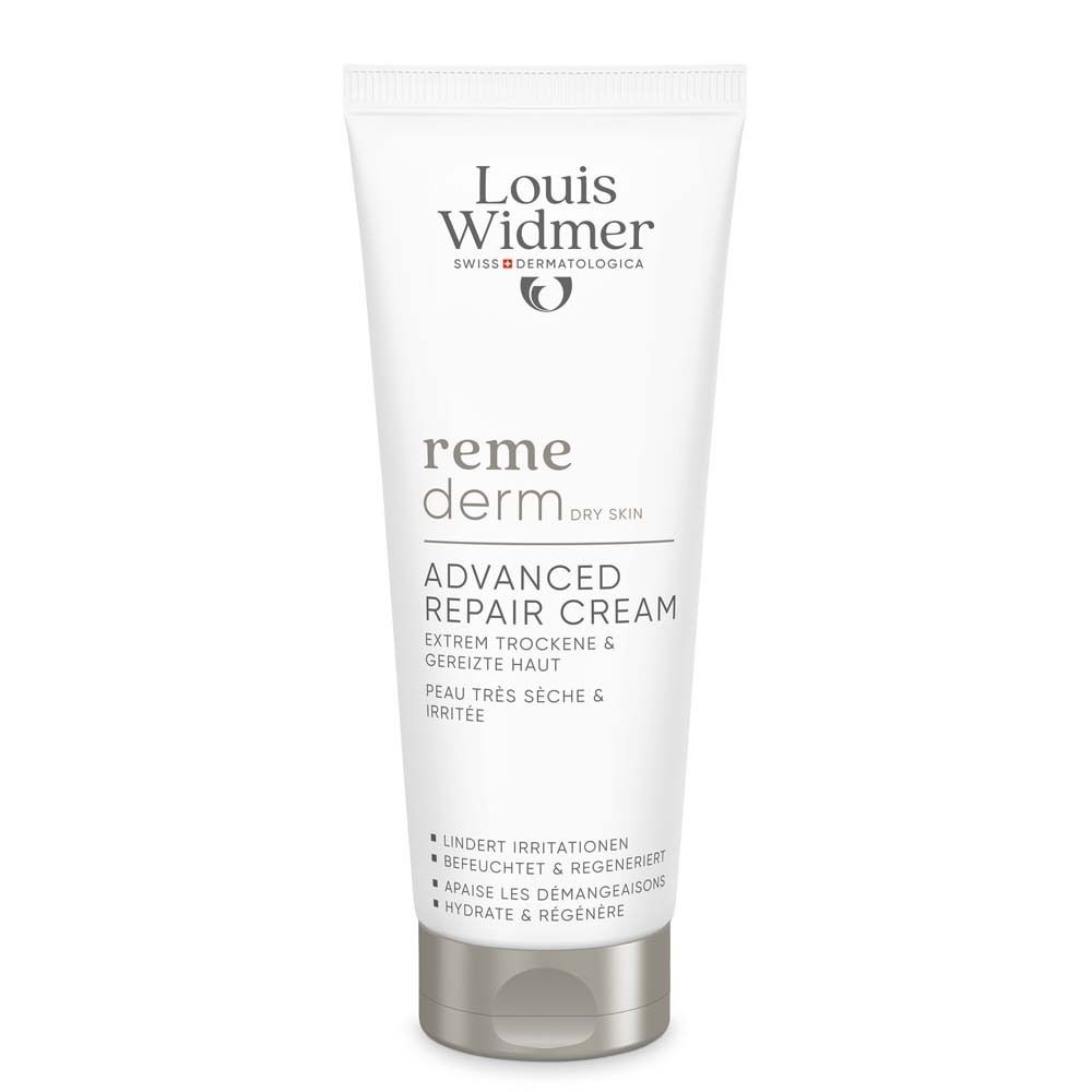 Weiße Tube mit silbernem Verschluss. Logo Louis Widmer, Produktname remederm, Advanced Repair Cream. Für trockene Haut.