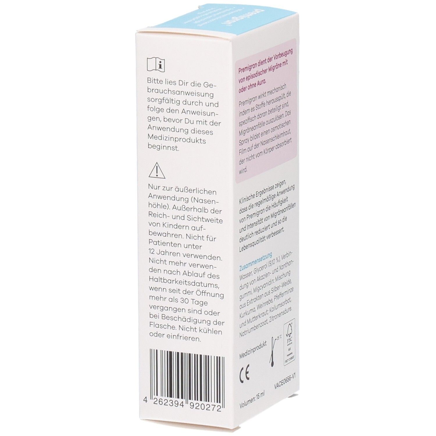 Seitenansicht der Apriwell Premigran-Packung. Weiß mit Text und Barcode. Enthält Informationen zur Anwendung und Warnhinweise.