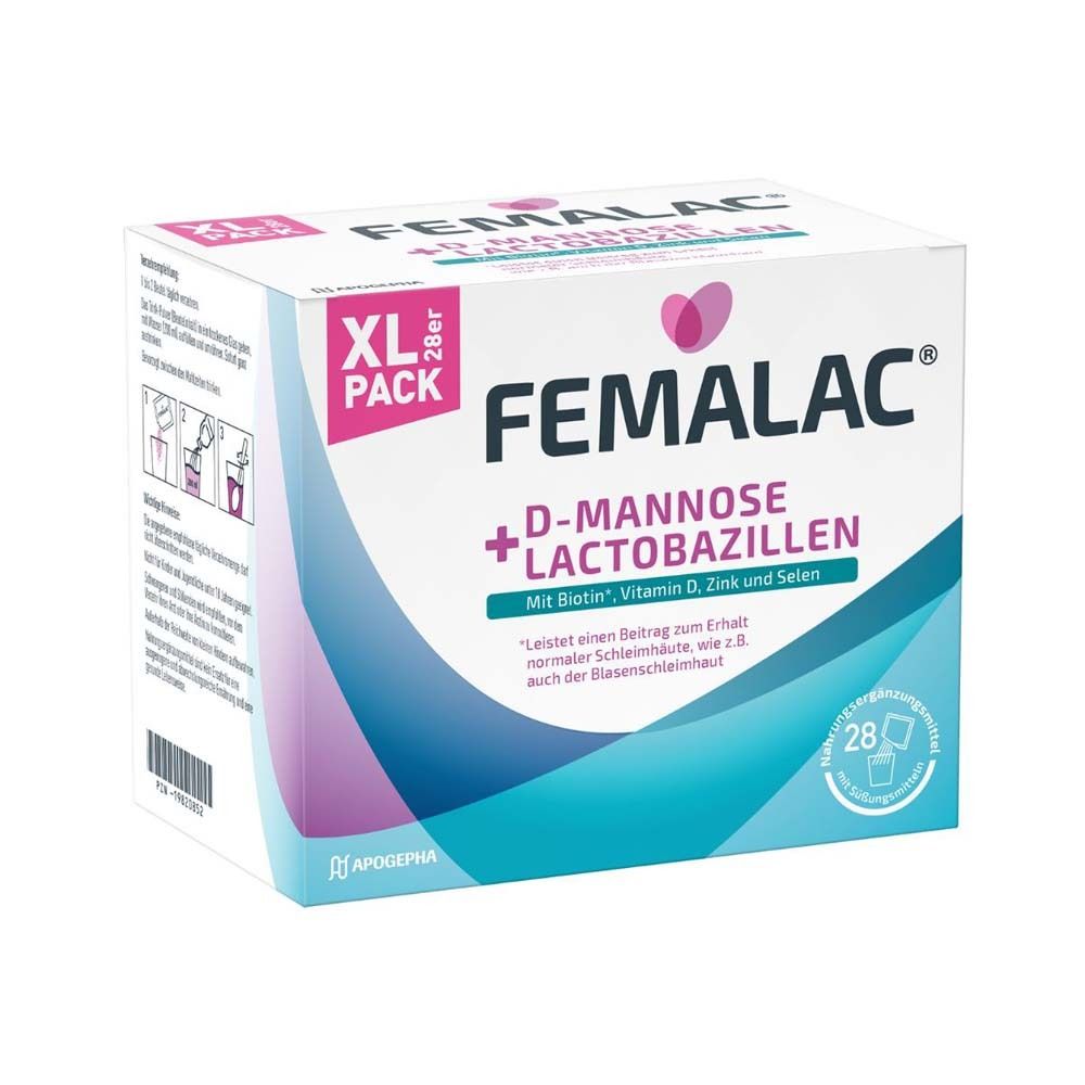 FEMALAC + D-Mannose + Lactobazillen. XL-Packung. Anweisungen auf der Verpackung. 28 Beutel enthalten.