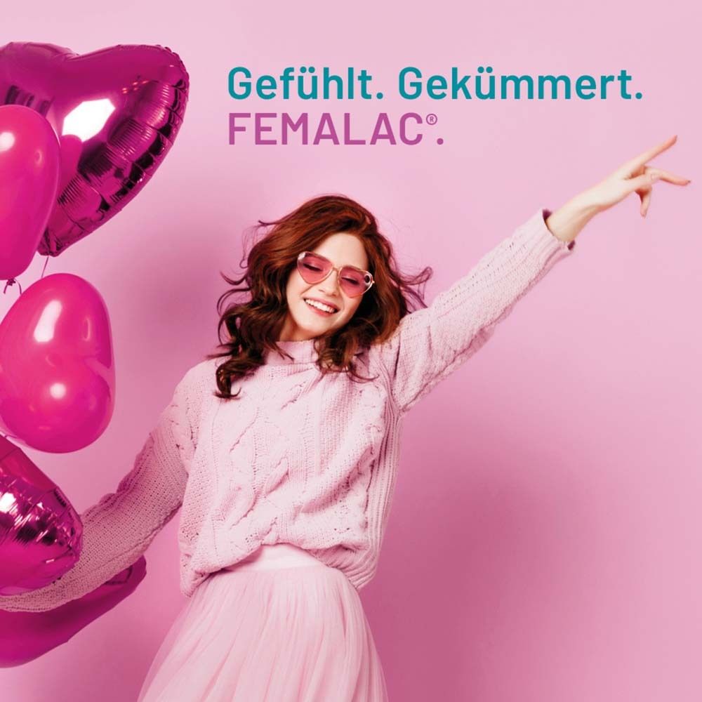 Frau mit Herzballons und Sonnenbrille. Text: Gefühlt. Gekümmert. FEMALAC. Hintergrund: Pink.