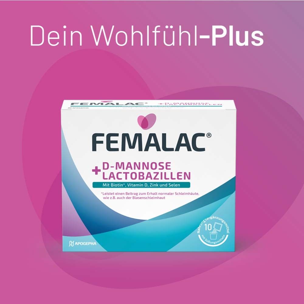 FEMALAC + D-Mannose + Lactobazillen. Packung mit 10 Beuteln. Text: Dein Wohlfühl-Plus. Hintergrund: Pink.