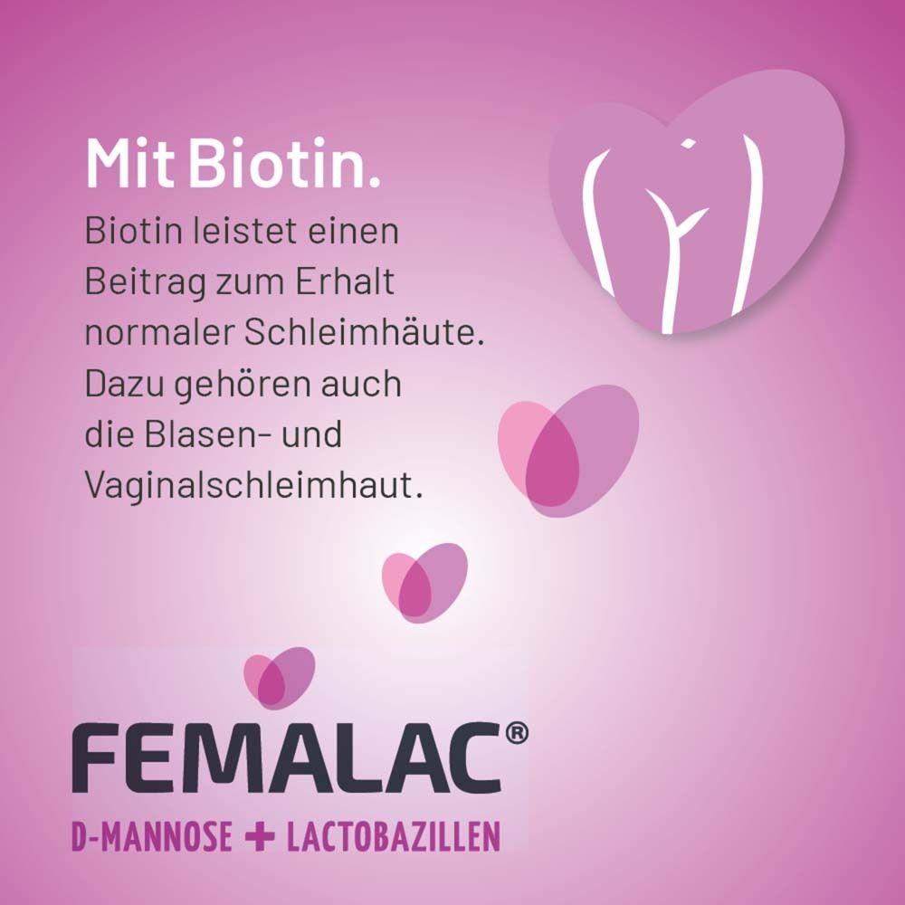 FEMALAC + D-Mannose + Lactobazillen. Text: Mit Biotin. Beitrag zur Erhaltung normaler Schleimhäute. Pinker Hintergrund.