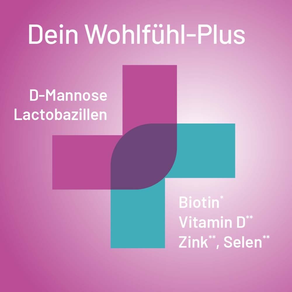 Kreuz mit Inhaltsstoffen: D-Mannose, Lactobazillen, Biotin, Vitamin D, Zink, Selen.