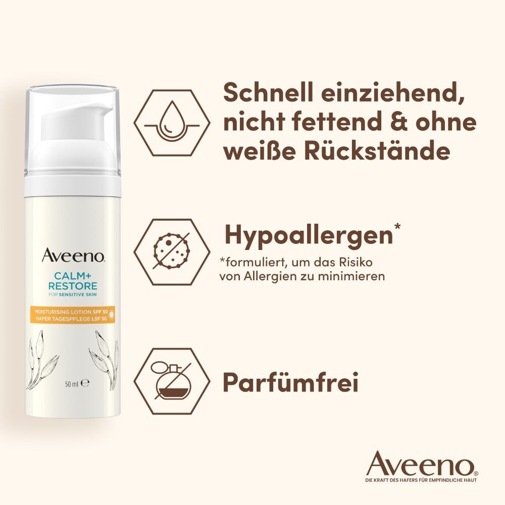 Aveeno CALM+RESTORE Creme. Text: Schnell einziehend, nicht fettend, ohne weiße Rückstände. Hypoallergen, parfümfrei.