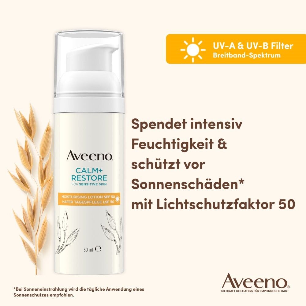 Aveeno CALM+RESTORE Creme. Text: Spendet Feuchtigkeit, schützt vor Sonnenschäden mit LSF 50. UV-A & UV-B Filter.