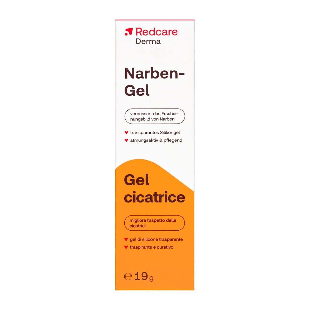 Redcare Derma Narben-Gel, Verpackung. Weiße Verpackung mit orangefarbenem Bereich. 19g.