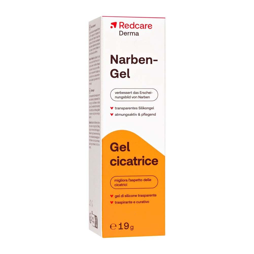 Redcare Derma Narben-Gel, Verpackung. Weiße Verpackung mit orangefarbenem Bereich. 19g.