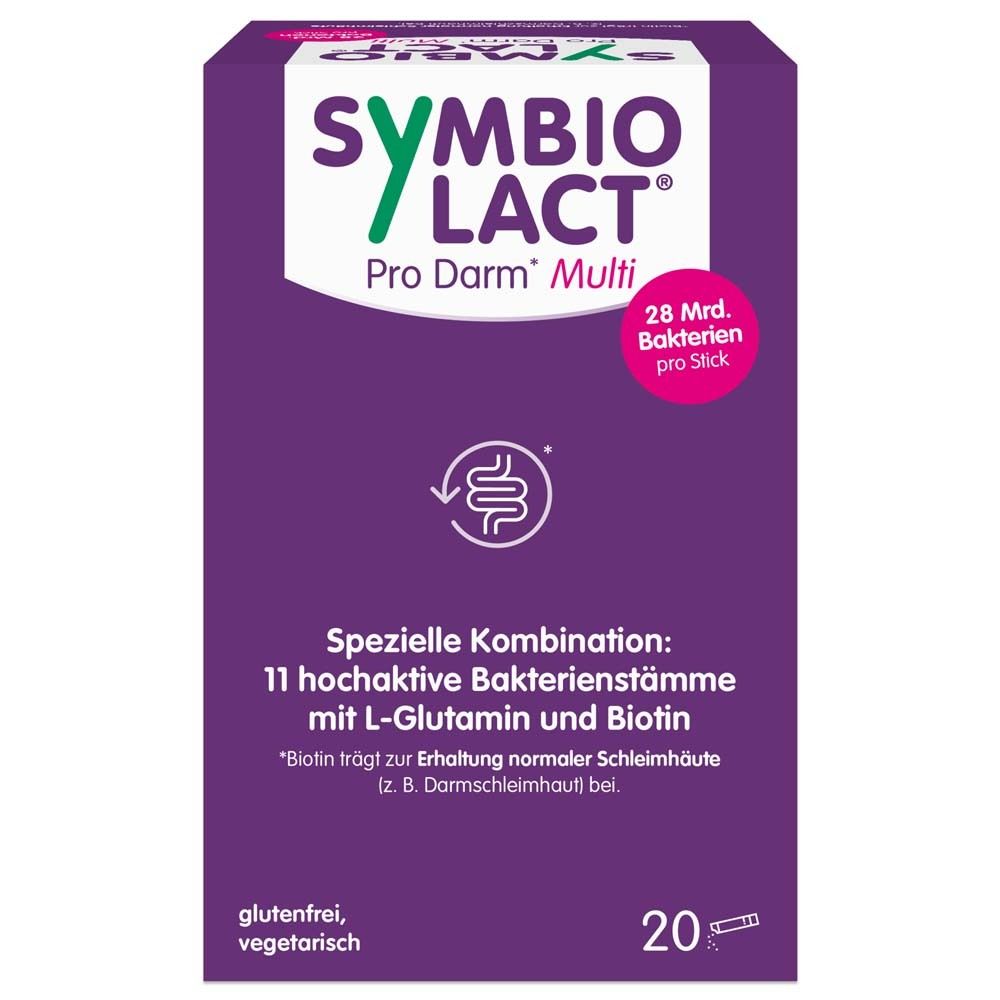 Lila Schachtel. SymbioLact Pro Darm Multi. 20 Sticks. Glutenfrei, vegetarisch. Enthält 28 Mrd. Bakterien.