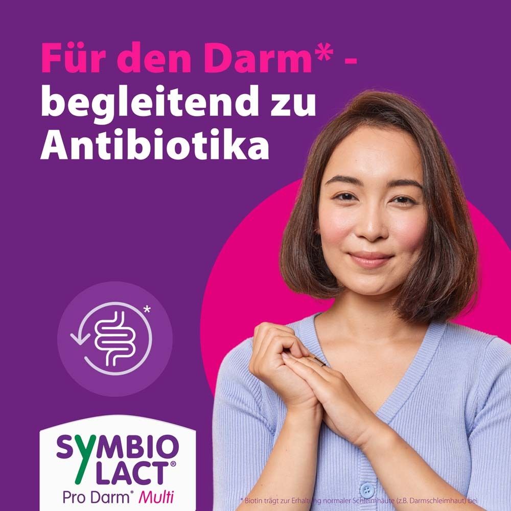 Frau lächelt. Text: Für den Darm - begleitend zu Antibiotika. Logo SymbioLact Pro Darm Multi.