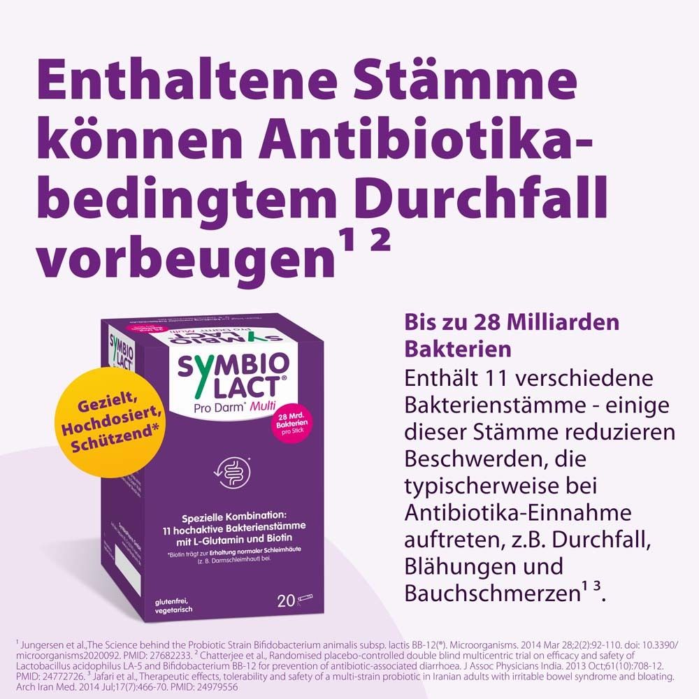 Text: Enthaltene Stämme können Antibiotika-bedingtem Durchfall vorbeugen. Logo SymbioLact Pro Darm Multi.