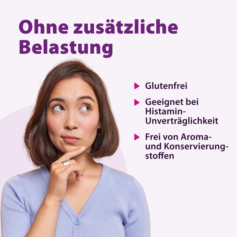 Frau denkt nach. Text: Ohne zusätzliche Belastung. Glutenfrei, geeignet bei Histamin-Unverträglichkeit.