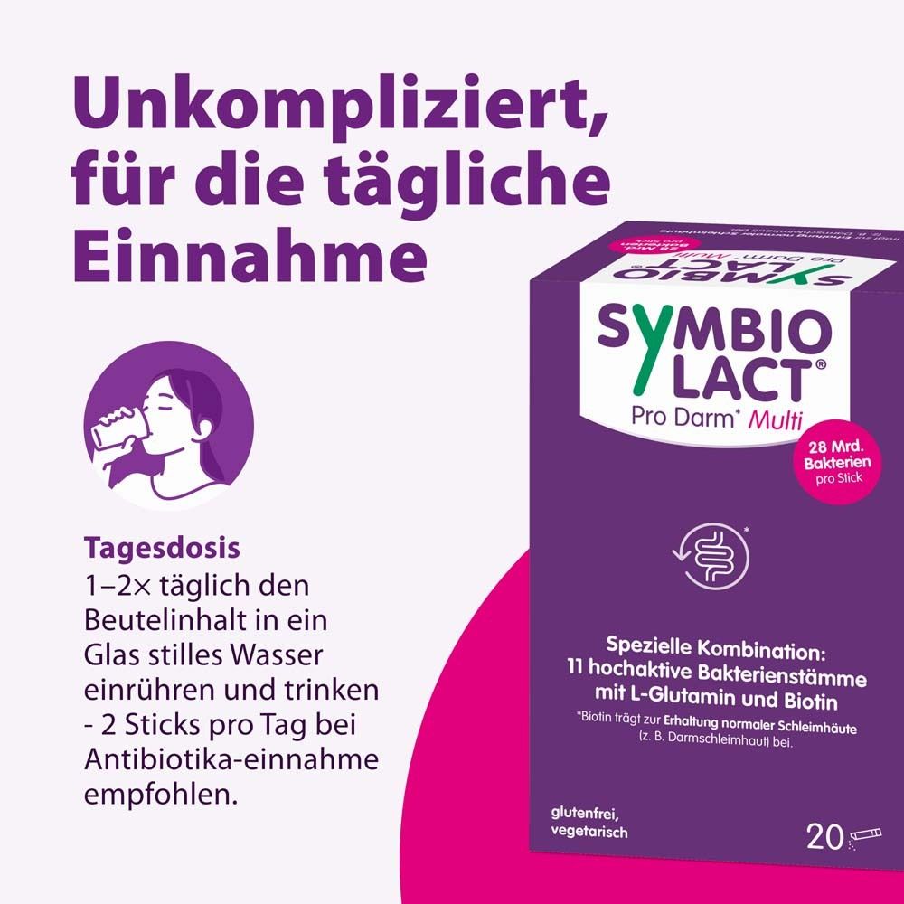 Text: Unkompliziert, für die tägliche Einnahme. Logo SymbioLact Pro Darm Multi. 20 Sticks. Tagesdosis.